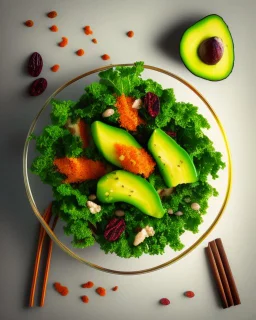 a bowl of salad that contains kale, carrot, avocado, dried cranberries, sesame seeds. Realistic photo. HD. Glowing. 3d style