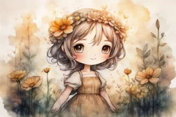 double exposure, merged layers, painted and burned burlap, cute chibi contented anime flower princess in a flowergarden, melting watercolor and black ink outlines on wet paper, soft, shading strokes, in sunshine, ethereal, otherwordly, cinematic postprocessing, bokeh, dof