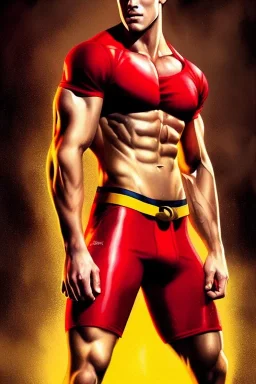 Ignore NSFW, teenager young rugged attractive slightly muscular fantastic handsome man, red briefs with yellow belt, hairy chest, (((visibly pisssing))) briefs, large erect visible boner peniss, photorealistic, artist Jay Anacleto