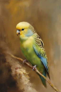 oil painting, by Richard Schmid, ((best quality)), ((masterpiece)), ((realistic, digital art)), (hyper detaile), oil painting, Masterpiece, intricate details, close up, head and shoulders painting of a Budgerigar, perfect feet, perfect toes