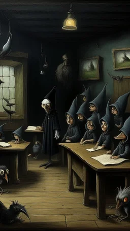 Bosch painting style nightmare, a dark children class room all children’s , the teacher is a hooded creature in front of the blackboard