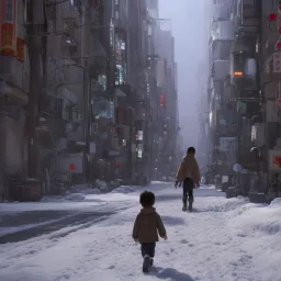 behind photo A young boy walking streets in tokyo post apocalyptic, snow