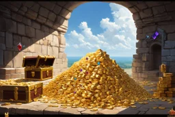 dnd, fantasy, watercolour, large strokes, stylistic, dungeon, piles of gold, chests full of gold, various gems, various riches, opulent, grandiose, large picture with a view stretching far
