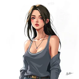 a pretty girl, skinny, relaxed, casual, tank top, digital art, stylised