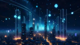 Imagine a night-time scene of a futuristic cityscape, where skyscrapers are interconnected with glowing, digital blockchain links. In the sky above, holographic symbols of various cryptocurrencies (like Bitcoin, Ethereum, and Ripple) float majestically. The city thrives under a sky filled with stars, symbolizing a future where blockchain technology powers every aspect of life, from finance to daily utilities.