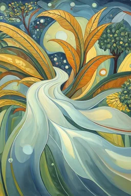open, free, clear, bluish-white, flowing, smooth, bright, focused, and intense; Post-Impressionist painting inspired by Klimt and Hundertwasser; Golden Hour; Exquisitely Detailed; Foliage Palette