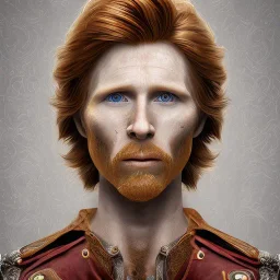 Portrait of Courtney Gains as a ruggedly handsome, joyful, roguish pirate, charismatic, attractive male, masculine, perfect teeth, precisely detailed clear eyes, softly freckled face, unblemished, flawless skin; meticulously detailed multi-hued ginger carrot colored cherry fire red hair; fantasy, intricate, elegant, highly detailed, digital painting, concept art, matte, sharp focus, illustration, art by artgerm and greg rutkowski and alphonse mucha