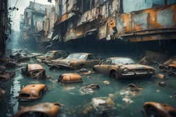 Junkpunk city underwater, street view, many cars old, macro photography,