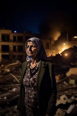 Palestinian woman , Destroyed Buildings , with a Explosions, at night