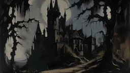 A brownish black dark shadow castle in a nightmare realm painted by John Marin