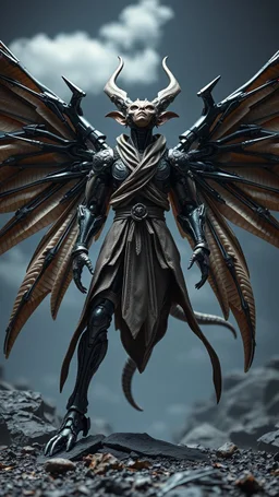 A centering dynamic view action showcasing the fusion of figma and Neumorphic elements, depicting a fully fantasy of an alien with wings Its intricate mechanisms are driven by interlocking robes and complex fabrics casual outfit embedded throughout its massive figma frame. Stance on black mechtech battlefields abandone Dojo. And the face is looking up to the sky