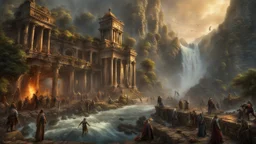 Ancient Zombies killing a town at the foot of a 3.000 feet high waterfall. fantasy setting, horror. exquisite realism, a masterpiece, fantasy concept art, dynamic lighting, hyperdetailed, intricately detailed, deep color, Unreal Engine, volumetric lighting, Epic cinematic brilliant stunning intricate meticulously detailed dramatic atmospheric maximalist digital matte painting