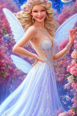 Magnifique woman, lady fairy, facing happy, voluptuous white, pink enchanted flowers, wings magic, long big dress, pink outerspace stars planets, Beautyful smiling, young woman, long hair amazing blue eyes, flowers, happy cosmic, bright colors, blue, pink, gold, jewels, realistic, photo real, clear sunny background, highly detailed, high contrast, 8k high definition, unreal engine 5, extremely sharp detail, light effect, sunny light background