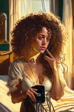 A beautiful woman with curly brown hair, a pensive expression, holding in one hand an old dial phone with the cord wrapped around her body, in a luxurious room in sunshine