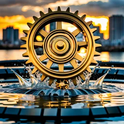 The camera zooms in on the gear mechanism. In the same futuristic water cityscape, the large golden gear smoothly rotates among smaller silver gears, creating powerful splashes of water ,1 fountain shoots water jet to gear and cousing pretty water splashes. The stormy sunset cityscape provides a dramatic backdrop.