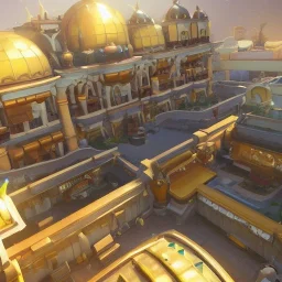 cute magic fantasy gold mine architecture concept in overwatch，vertical view definition aesthetic pictures, 3d rendering, virtual engine, very detailed --v 4