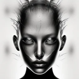 Silver on black paper portrait of female face of migraine, face distorted with pain, reverse colors, screaming, tears streaming from eyes, colorless, glitchcore, dystopian, horror, ultra realist texture, intricate line drawing,