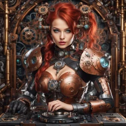 Front view half body gorgeous Realistic Photography beautiful super model Russian as playing Dj player with body full mechanical steampunk cyborg realistic beautiful woman hyper detailed, red hair