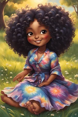 An whimsical oil painting art image of a chibi black cartoon of a curvaceous woman with flowing of tight curly afro of black hair that's highly detailed, wearing a tie dye maxi dress. She sits relaxed on the grass facing the warm sunlight, which illuminates her face as she looks to the side with a small smile, accentuating her prominent makeup and brown eyes. with green and hot pink roses all around