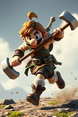 Male Fantasy RPG character, barbarian, chaabi kawaii Mario proportions, lord of the rings inspiration, with hammer, in a bounding run, cgi animation character