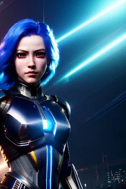 Smirking Cyborg anime assassin, light blue hair, blue eyes, dark clothing, waist up portrait, 8k resolution, intricate details, ornate details, soft lighting, vibrant colors, retroanime, masterpiece, intricate eyeliner, dark eyeshadow, eyes, intricate tattoos, futuristic cityscape background