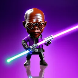 Bald Samuel jackson purple jedi bobblehead holding a lightsaberS and boots,