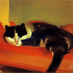 oil portrait of tricolor pattern Cat sleeping in a sofa by Joaquín Sorolla 8k