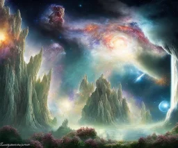 cielo cosmico insieme al mondo fantasy, astronavi tra le stelle prati verdi con fiori bellissimi castello con grandi cascate