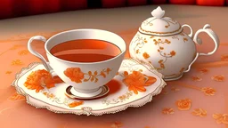 Cartoon Victorian fantasy orange tea with white petals on a brown table with a white lace table cloth