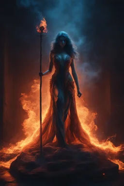 The female Shadow of Death using the staff of destruction. blue fire and orange smoke. fantasy art, Cinematic lighting, Volumetric lighting, Epic color composition, the hole naked truth, octane render