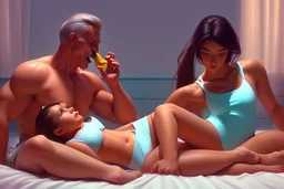 Digital painting of dad and two beautiful young teenage girl in a swimsuit on a bed. eating a banana. with dad, artstation, 8k, extremely detailed, ornate, cinematic lighting, vivid. wrestling