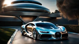 Rear View A stunningly realistic (((Bugatti x Mercedes UFO))), intricate detail and perfection in every surface, glimmering metal and luxurious contours, a (perfect model) for a desktop wallpaper fit for high resolution screens, evoking a sense of futuristic elegance in a (4K cinematic atmosphere).