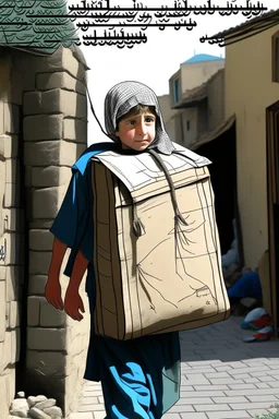 A Palestinian child carries on his shoulders a large bag with windows and doors