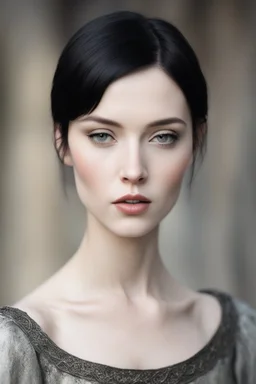 Scandinavian medieval woman with black short hair, pale skin, pretty lips