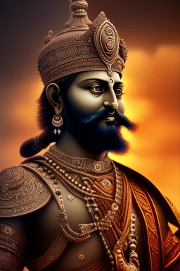 chhatrapati shivaji maharaj face, theme art, Dark moody night atmosphere, 8K, close-up face, anatomically perfect face,