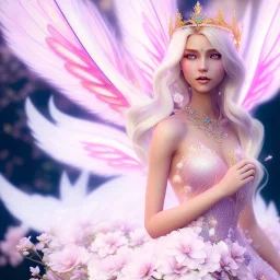 cute fantasy fairy with luminous wings, smiling, make up, long platinum blond hair with crown and flowers, pink dress, unreal engine