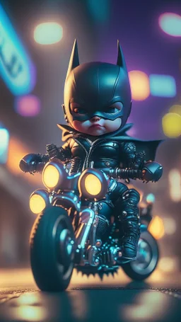 A flirty face Kawaii tiny hyper realistic baby batman riding mini harley davidson sportster modified, wearing bikers clothes with kick boxing action, night of cyberpunk city background. wide angle full body, 8k, Cinematography, photorealistic,epic composition Unreal Engine,Cinematic, Color Grading, Portrait Photography,Ultra-Wide Angle, Depth of Field, hyper detailed