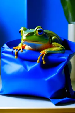 a frog wearing a blue ikea bag