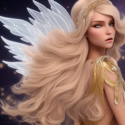 beautiful blonde fairy in a galactic ambiance, transparent wings, delicate colors, finely tuned detail, ultra high definition, 8 k, unreal engine 5, ultra sharp focus