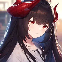 Clear focus,High resolution,High quality, Black long hair, Red eyes, Red horns, Taking a nap