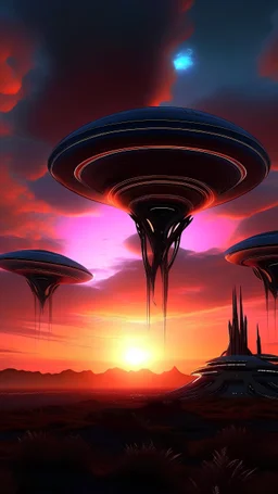 sky futuristic base of aliens sunset