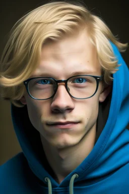 An young man with glasses, fluffy blonde hair, wearing a blue hoodie