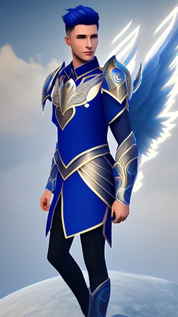 a human male with blue short hair and blue wings in assymetrical armor with geometric patterns and a book in hand, geometric wings