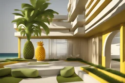 A tourist resort in the shape of a pineapple, interior design, facade, section, 3D