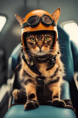 a portrait of a tortoiseshell cat with aviator's helmet and goggles siting in an airplane