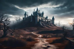 cinematic lighting, 8k highly detailed, surreal and striking, Ginormous castle, dead landscape with no grass, dead trees with no leaf's, dead dirt,