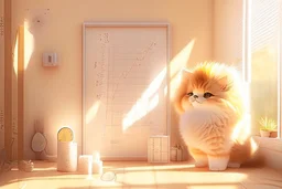 cute fluffy chibi beige cat measuring fever in a modern room in sunshine