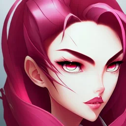 light blue eyes, and dark pink hair, teardrop shaped eyebrows, woman, angry expression, pointy ears