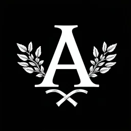 2 branches(crossed at bottom, arching upward in a wreath, delicate hand drawn linework, romantic), Letter A in Middle or wreath, sharp image, white vector on black background