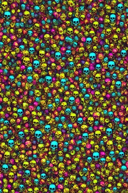 a field of 1000s of cartoonish, anatomically correct, skulls, vivid RANDOM BRIGHT neon colors, dark comedy, well lit, high detail, photorealistic, horrorcore, fun, scary, none featured, each a different color or hue,